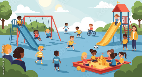 Diverse children playing on playground with swings, slide, and sandbox; adult supervision