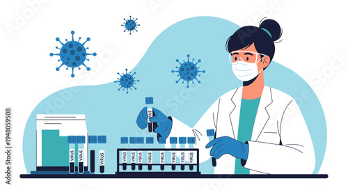 Scientist in Lab Coat Analyzing Virus Samples in Test Tubes, Coronavirus Research