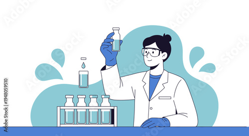 Scientist in Lab Coat and Gloves Conducting Chemical Experiment with Test Tubes and Flasks