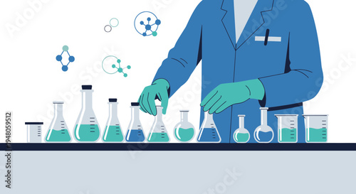 Scientist in lab coat and gloves conducts experiment with beakers and flasks, molecular models