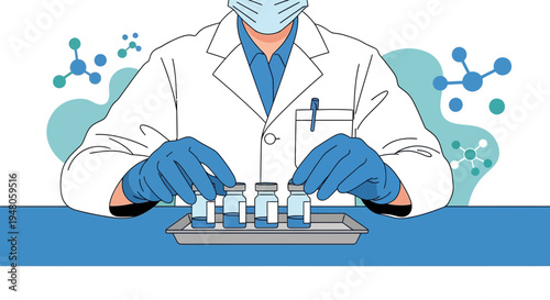 Scientist in lab coat and gloves examines vials with molecular structures background