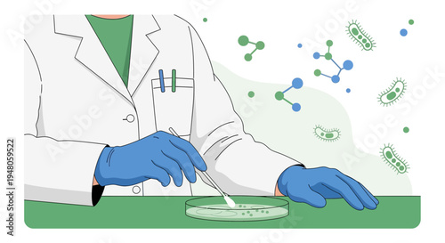 Scientist in lab coat and gloves examining petri dish with bacteria and molecules