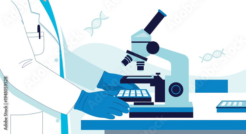 Scientist in lab coat and gloves using microscope with DNA strands in background