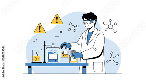 Scientist in lab coat and goggles conducts experiment with beakers and chemicals