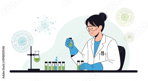 Scientist in lab coat and goggles examines green liquid in vials, research concept