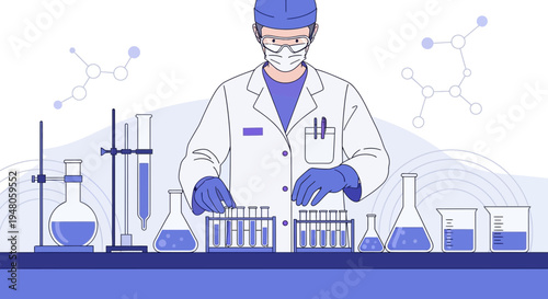 Scientist in Lab Coat and Mask Conducting Experiment with Test Tubes and Beakers