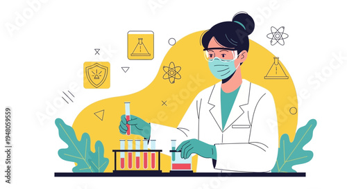 Scientist in Lab Coat and Mask Conducts Experiment with Test Tubes and Beakers