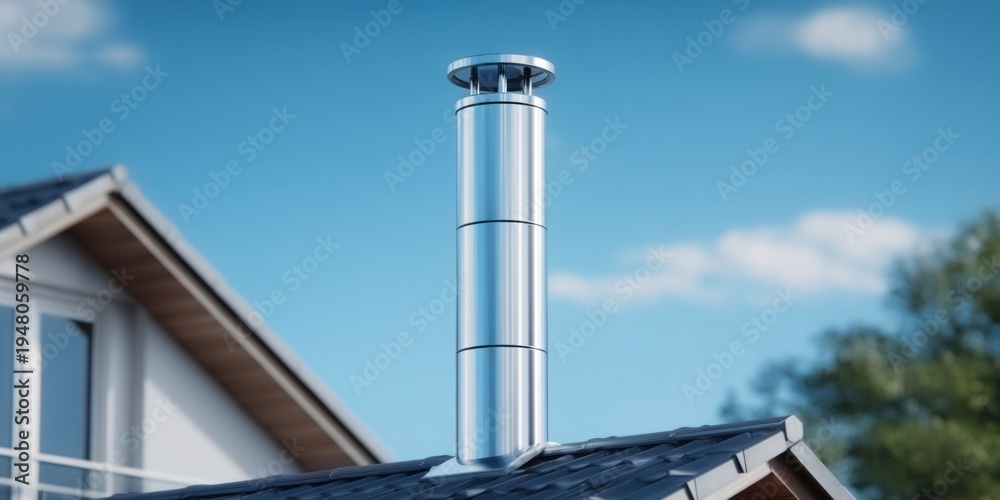 Obraz premium Modern stainless steel chimney flue with cap on a residential rooftop under clear blue sky