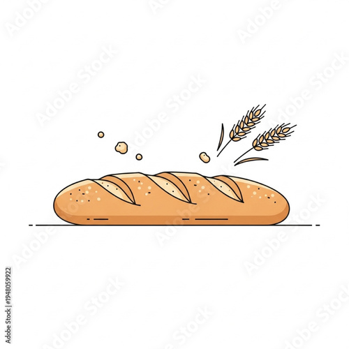 Freshly Baked French Baguette with Crumbs and Wheat Stalks Vector Illustration