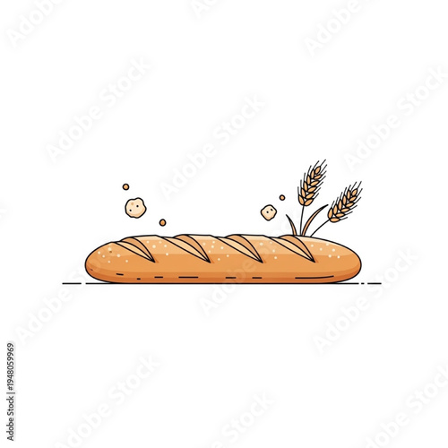 Freshly Baked French Baguette with Crumbs and Wheat Stalks Vector Illustration