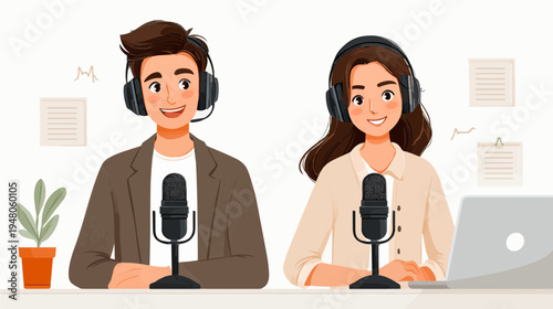 Two friends engage in lively podcast conversation with microphones and computers in a cozy digital studio setting