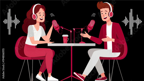 Dynamic duo shares ideas and laughter while recording a podcast in a vibrant studio. The energy is infectious as they discuss various topics over coffee.
