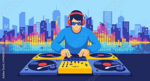 Cool DJ Mixing Music on Turntables with Headphones and Sunglasses in Front of a Vibrant Cityscape and Sound Wave Background Vector Illustration