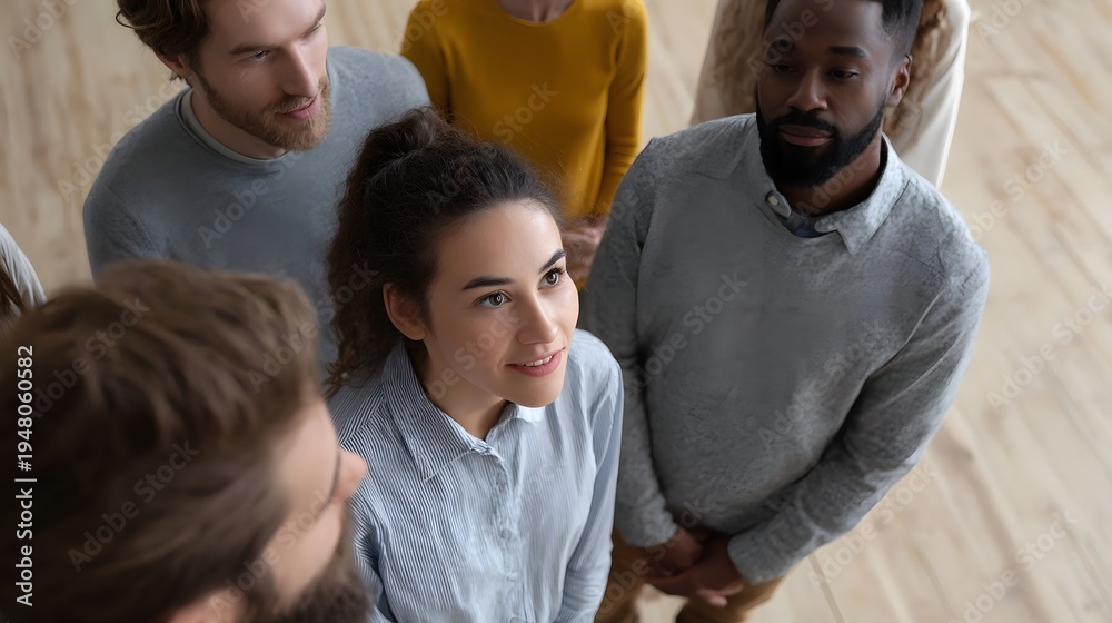 Fototapeta premium A diverse group of people looking upwards in attentive discussion in a modern indoor setting