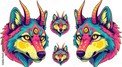 Vibrant Psychedelic Wolf Head Vector Illustration Set with Horns and Third Eye, Featuring Bold Pink, Blue, and Yellow Hues for Creative Design Projects