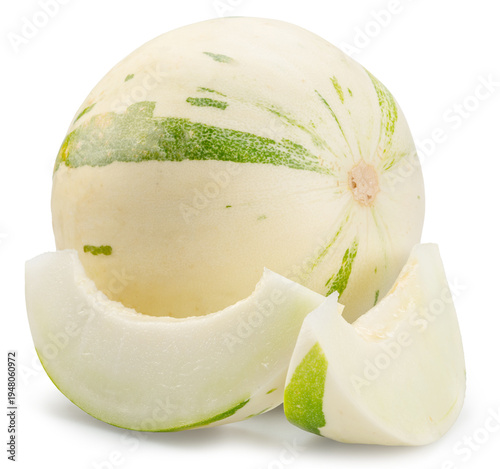Sugar matisse melon and melon slices isolated on white background. File contains clipping path.