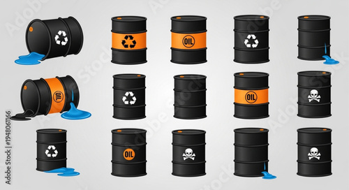 Collection of Black Barrels with Hazardous Waste Symbols.