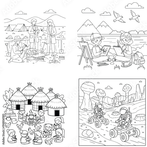 Diverse people learning and living in ancient village scene with black and white with daily life