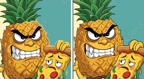 Cartoon vector illustration of an angry, scary pineapple character with sharp teeth holding a frightened slice of pizza, depicted in two slightly different versions for a spot the difference