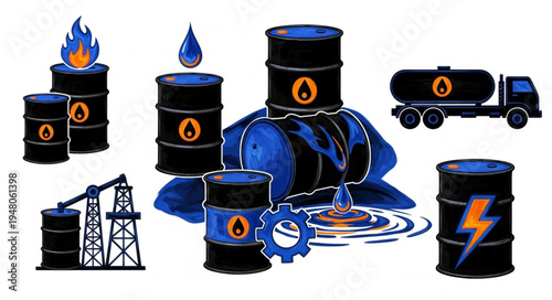 Illustrative Oil Industry Elements - Barrels, Rigs, and Transportation.