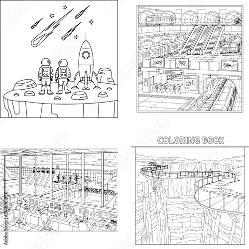 Cartoon style african village with children and animals with black and white with daily life