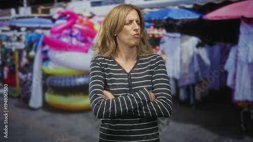 Фотография Woman pouting with arms crossed at a busy street market beside colorful inflatable float and clothing stalls; annoyance waiting