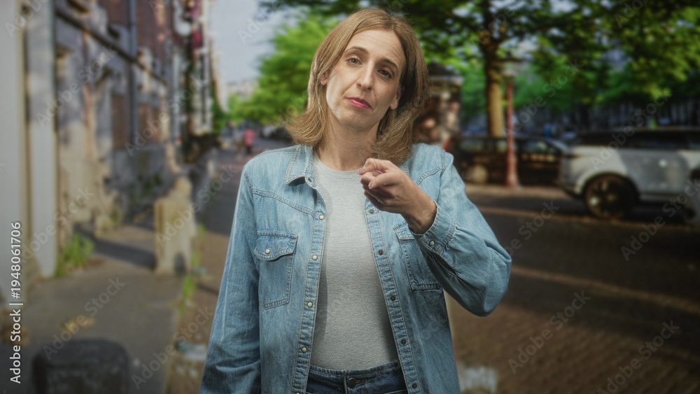 Fototapeta premium Woman points index finger to temple and gestures with other hand, denim jacket and parked car visible on street; thoughtful reflection.