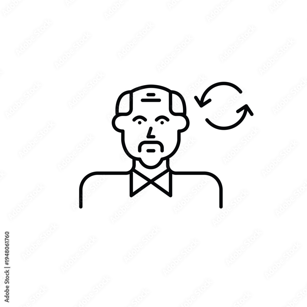 Fototapeta premium Elder man and refresh arrows. User avatar renewed. Pixel perfect, editable stroke vector icon