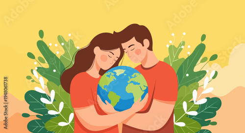 Young Couple Embracing and Protecting Planet Earth Vector Illustration with Lush Green Foliage and Warm Yellow Background for Environmental Conservation and Sustainability Concepts