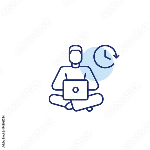 Man user at laptop and clock. Daily routine, time tracking and work schedules. Pixel perfect, editable stroke vector icon