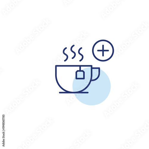 Teabag in a cup and plus symbol. Hot drink, adding new flavors. Pixel perfect, editable stroke vector icon