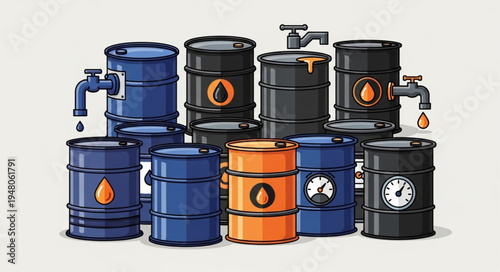 Colorful Oil Barrels with Gauges and Spouts Depicting Petroleum Industry.