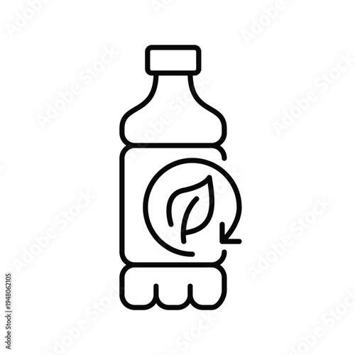 Plastic bottle, leaf in renew arrow. Sustainable packaging, green container and reusable cycle. Pixel perfect, editable stroke vector icon