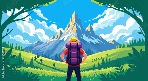 Rear view of a male hiker with a purple backpack and yellow hat looking at a majestic snow-capped mountain peak in a vibrant green valley under a blue sky, framed by dark green trees