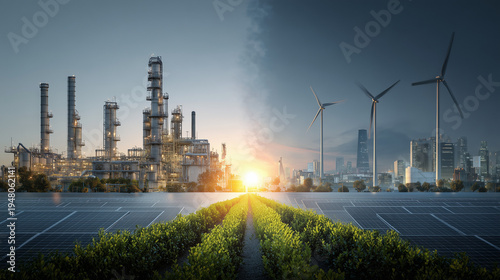 conceptual split-screen showing energy transition from industrial to sustainable, left side with oil refinery at sunset under cloudy sky, right side with solar panels and wind turbines under clear sky