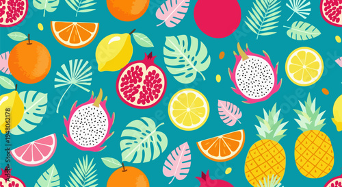 Vibrant Tropical Fruit and Palm Leaf Seamless Pattern Vector Illustration for Summer Backgrounds, Healthy Food Designs, and Exotic Beverage Packaging