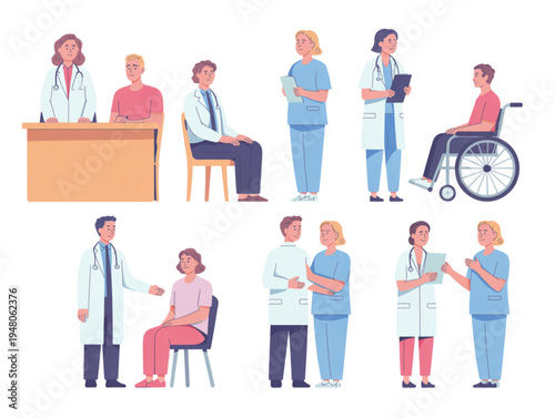 Medical characters set with doctors, nurses and patients, flat vector illustration for healthcare and hospital designs