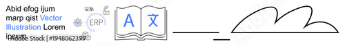 Digital learning, language education, ERP software, cloud solutions, e-learning, global communication. Book with language symbols and cloud elements. Digital learning and language education visually
