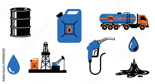 Oil Industry Elements - Barrel, Can, Truck, Rig, Pump, and Drops.