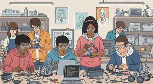 Diverse Students in STEM Workshop Building Robots and Electronics