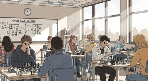 Teenagers playing chess in classroom during club meeting, focused learning and strategy