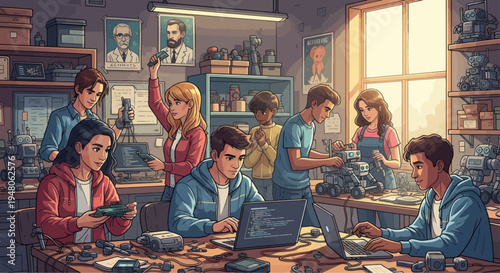 Diverse Teenagers Building Robots in a Workshop, STEM Education, Teamwork