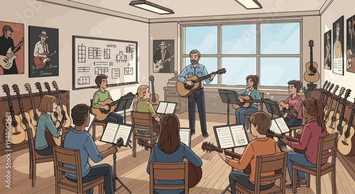 Guitar Class Lesson: Teacher Instructing Students Playing Acoustic Guitars