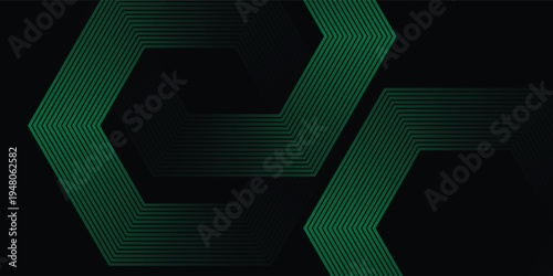 sleek and futuristic abstract background featuring interlocking green hexagonal outlines against a deep black backdrop, symbolizing digital connectivity, networking
