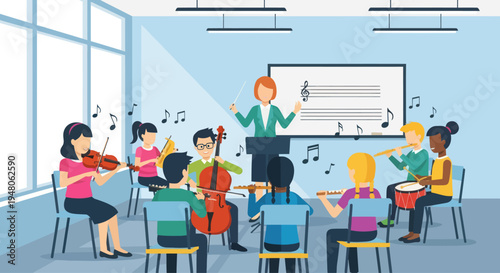 Children's Orchestra Practice Session with Teacher Conducting