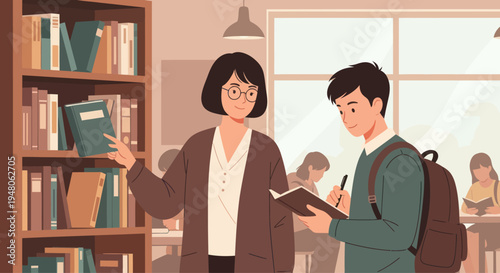 Librarian assisting student with book selection in library, learning and education concept