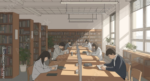 Students studying in a sunlit library, surrounded by bookshelves, peaceful academic atmosphere