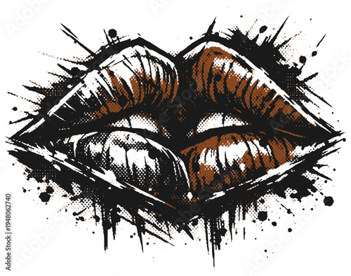 A fragmented grunge interpretation of kissing lips. The rough brush textures create a bold modern street graphic.