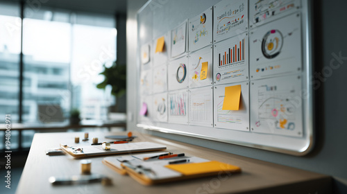 luxury strategic planning board with refined charts and clean design, professional office workspace with data visualization whiteboard, business strategy and corporate analysis mockup in modern office