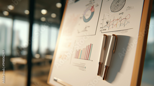 luxury strategic planning board with refined charts and clean design, professional office workspace with data visualization whiteboard, business strategy and corporate analysis mockup in modern office